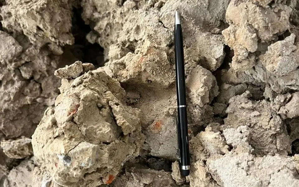 Close-up of loose, lumpy soil at the Gaya site, with a pen for scale